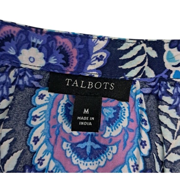 Talbots Top Womens Medium Blue Pleated Short Sleeve Floret Medallion Tassel Boho - Picture 3 of 10